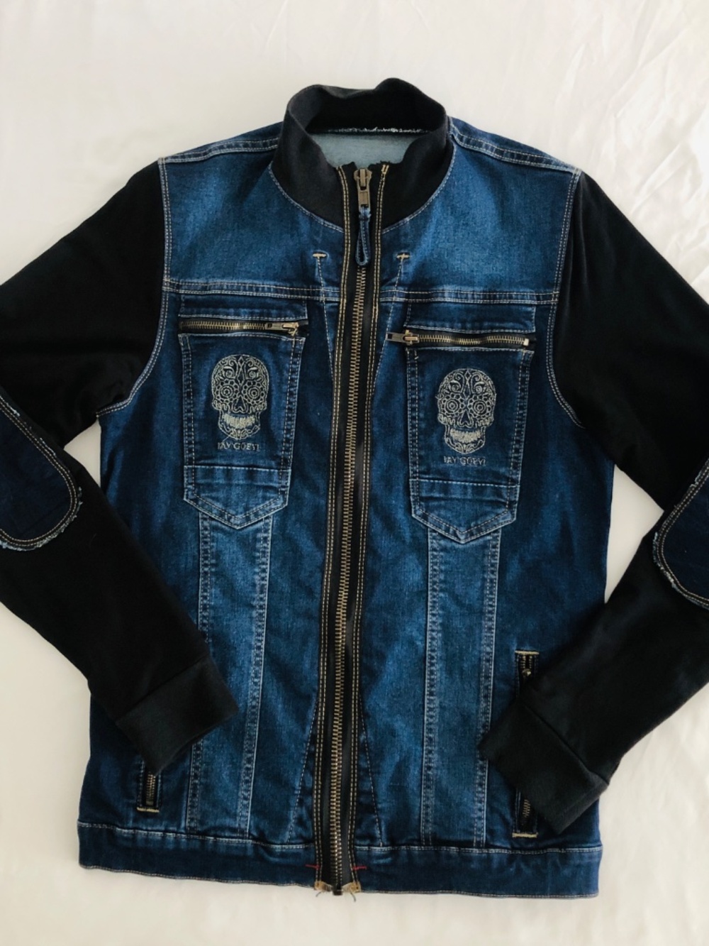 Ay Güey! Mixed Media Studded Sugar Skull Denim Jacket in size S - Picture 2 of 6